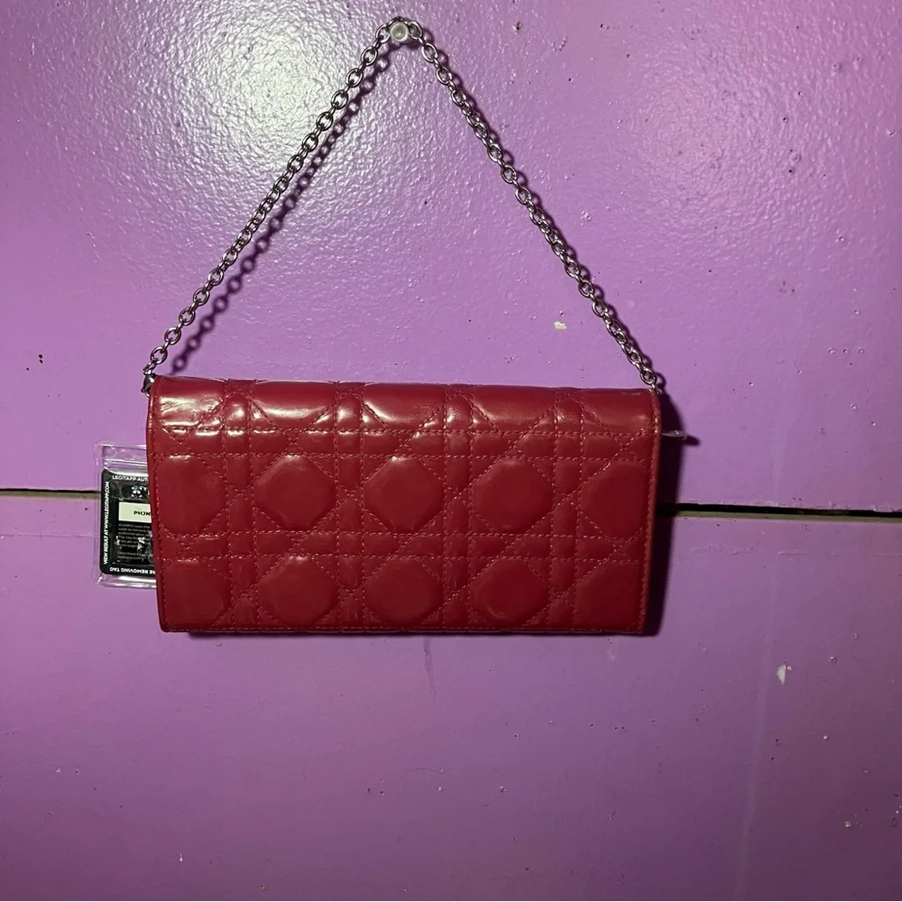 Christian Dior patent cannage lady Dior wallet on chain